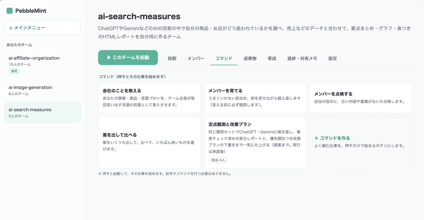 PebbleMint のコマンド画面。「定点観測と改善プラン」など5つの依頼カードと、コマンドを作るボタン